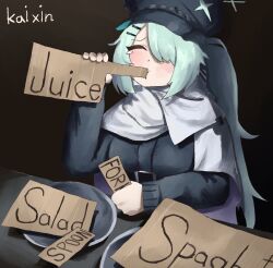 1girl aqua_hair blue_archive bottle newsboy_cap cardboard closed_eyes commentary_request drinking english_text food fork hair_ornament hair_over_one_eye hairclip halo hat highres hiyori_(blue_archive) holding holding_bottle holding_fork juice kai_xin long_hair long_sleeves pasta plate poverty salad scarf side_ponytail signature simple_background solo spaghetti spoon teardrop white_scarf