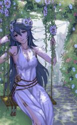 1girl absurdres armlet armpits artist_request bare_arms bare_shoulders blue_eyes blue_hair bracelet brand_of_the_exalt breasts clenched_hands collarbone crease dress eyelashes female_focus fire_emblem fire_emblem_awakening fire_emblem_heroes flower garden hair_between_eyes hair_flaps hair_flower hair_ornament hands_up highres intelligent_systems jewelry legs light_smile long_dress long_hair looking_at_viewer lucina_(fire_emblem) lucina_(valentine)_(fire_emblem) matching_hair/eyes nature neck nintendo no_bra official_alternate_costume outdoors rope_belt scan side_slit sidelocks sitting sleeveless sleeveless_dress small_breasts sundress symbol_in_eye thighlet thighs white_dress
