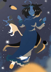 Rule 34 | 1girl, absurdres, ahoge, animal ears, animal print, black nightgown, blurry, blurry foreground, brown hair, carrot, cat, cat print, closed eyes, closed mouth, commentary, depth of field, drawstring, floating, hairband, highres, horse ears, horse girl, horse tail, long sleeves, medium hair, meisho doto (umamusume), meto (cat), nightgown, pajamas, smile, solo, space, super-mu, tail, umamusume, w arms