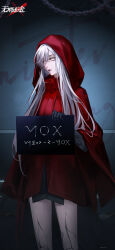 1girl absurdres against_wall black_gloves bridge_piercing chain character_name cloak closed_mouth colored_eyelashes copyright_name cowboy_shot cracked_skin elbow_gloves expressionless face_piercing gloves grey_lips hand_up highres holding holding_sign hood hood_up hooded_cloak indoors logo long_hair looking_to_the_side mugshot no_pupils nose_bridge_piercing nox_(path_to_nowhere) official_art official_wallpaper path_to_nowhere piercing prison_clothes red_cloak sign solo white_eyelashes white_eyes white_hair
