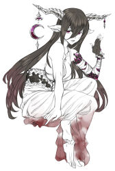 1girl absurdres animal_ears bandaged_arm bandages barefoot black_gloves black_hair black_skin blood blood_on_clothes bloody_clothes bloody_dress breasts cleavage colored_extremities colored_skin colored_tips crescent crescent_ornament danua draph dress expressionless fingerless_gloves full_body gloves gradient_hair granblue_fantasy hair_between_eyes half-closed_eyes hand_up highres horn_ornament horns invisible_chair jewelry large_breasts limited_palette long_dress long_hair long_horns looking_at_viewer multicolored_hair necklace pointy_ears praisecwg purple_eyes single_glove sitting sleeveless sleeveless_dress solo white_dress