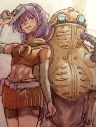 Rule 34 | 1girl, chrono trigger, game console, glasses, highres, lucca ashtear, purple hair, robo (chrono trigger), simple background, smile, solo, super famicom