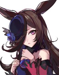 Rule 34 | 1girl, animal ears, blue flower, blue rose, dress, flower, hair over one eye, hat, horse ears, horse girl, kanniiepan, long hair, off-shoulder dress, off shoulder, one eye covered, pink eyes, rice shower (umamusume), rose, simple background, solo, umamusume, upper body, white background