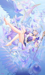 1girl absurdres angel_wings atdan bare_legs barefoot bird blue_hair falling halo head_wings highres honkai:_star_rail honkai_(series) jewelry long_hair microphone robin_(honkai:_star_rail) wings