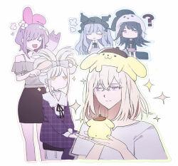 Rule 34 | 5girls, ?, animal ear headwear, ave mujica (bang dream!), bang dream!, bang dream! it&#039;s mygo!!!!!, black hair, black jacket, black ribbon, black skirt, blonde hair, blue dress, blue eyes, blue hair, blush, brushing hair, choker, cinnamiku hairstyle, closed eyes, closed mouth, commentary, dress, fake animal ears, frilled choker, frills, grey shirt, hair between eyes, highres, jacket, kuromi, long hair, long sleeves, medium hair, misumi uika, multiple girls, my melody, neck ribbon, onegai my melody, open mouth, plaid clothes, plaid dress, pochacco, pompompurin, purple eyes, purple hair, red shirt, reiboubyou, ribbon, sanrio, shirt, short sleeves, simple background, skirt, sparkle, togawa sakiko, u u, unmoving pattern, wakaba mutsumi, watermark, white background, white shirt, yahata umiri, yellow eyes, yuutenji nyamu