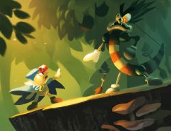 blue_cape blue_headwear bowyer brown_footwear cape forest geno_(mario) gigi_d.g. gloves mario_(series) nature nintendo source_request standing striped super_mario_rpg white_gloves