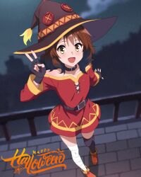 Rule 34 | 1girl, bandages, bare shoulders, belt, blush, brown eyes, brown hair, collarbone, cosplay, dress, fingerless gloves, gloves, happy halloween, hibike! euphonium, highres, kono subarashii sekai ni shukufuku wo!, long sleeves, megumin, megumin (cosplay), off-shoulder dress, off shoulder, open mouth, oumae kumiko, red dress, sbel02, solo, v