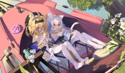 2girls absurdres ahoge animal_ear_fluff animal_ears beret black-framed_eyewear black_hairband black_hat blonde_hair blue_bow bow camping camping_chair cat_ears cat_girl cat_tail commentary_request detached_sleeves dress eating feet food food_in_mouth full_body glasses green_eyes hair_between_eyes hair_bow hair_ornament hairband hat heterochromia highres holding holding_food kele_mimi long_hair looking_at_viewer medium_hair multiple_girls no_shoes open_mouth original outdoors pantyhose pink_eyes rabbit_hair_ornament red_eyes round_eyewear sitting sleeveless sleeveless_dress tail tent two_side_up white_dress white_hair white_pantyhose white_sleeves white_wrist_cuffs wrist_cuffs