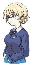 1girl blonde_hair blue_eyes blue_skirt blue_sweater breasts closed_mouth collared_shirt commentary darjeeling_(girls_und_panzer) dress_shirt english_commentary girls_und_panzer long_sleeves medium_breasts pas_(paxiti) pleated_skirt profile school_uniform shirt short_hair simple_background skirt sleeves_past_wrists solo st._gloriana&#039;s_school_uniform sweater v-neck white_background white_shirt