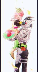 Rule 34 | ^ ^, armor, belt, black armor, blue eyes, closed eyes, dan kuroto, dress, father&#039;s day, father and daughter, flower, happy tears, hat, highres, holding, holding in arms, kamen rider, kamen rider ex-aid (series), kamen rider genm, mini hat, multicolored dress, musical note, petals, pink hair, poppi pipopapo, portrait, short hair, smile, taiyaki 63, tears, white armor, yellow dress