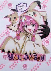 1girl :d black_eyes blunt_bangs bow braid commentary_request coral_(pokemon) cosplay creatures_(company) eyelashes fang game_freak gen_7_pokemon hair_bow hair_ornament halloween happy highres looking_at_viewer mimikyu mimikyu_(cosplay) nintendo open_mouth orange_bow pink_hair poke_ball_symbol pokemon pokemon_(anime) pokemon_(creature) pokemon_horizons sleeves_past_fingers sleeves_past_wrists smile speech_bubble traditional_media trick_or_treat twin_braids white_background zao_(beans-alliance)