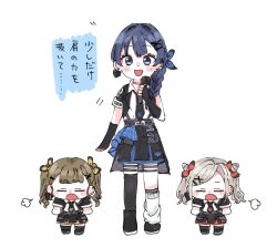3girls :d black_gloves black_jacket black_necktie black_skirt blue_eyes blue_hair blunt_bangs blush braid brown_hair center-flap_bangs ceras_yanagida_lilienfeld chibi closed_eyes commentary cone_hair_bun d: double_bun earrings elbow_gloves fingerless_gloves full_body gloves grey_hair hair_bun hair_ornament heart heart_earrings height_difference holding holding_microphone i_do_me!_(love_live!) jacket jewelry kachimachi_kosuzu link!_like!_love_live! long_hair looking_at_viewer loose_socks love_live! microphone miniskirt moso_(expect66) multiple_girls murano_sayaka necktie official_alternate_costume official_alternate_hairstyle open_clothes open_jacket open_mouth pleated_skirt shirt short-sleeved_jacket short_sleeves side_braid simple_background single_braid single_earring single_sleeve single_sock single_thighhigh skirt smile socks standing thigh_strap thighhighs translation_request virtual_youtuber white_background white_shirt white_socks x_hair_ornament