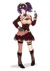 1girl alternate_costume black_gloves boots candy ccg842000 choker corset criss-cross_halter diagonal_bangs enmaided female_focus flower food frilled_choker frills full_body garter_straps gloves goggles goggles_on_head halterneck hand_on_own_hip high_heel_boots high_heels highres idolmaster idolmaster_shiny_colors lace-up_boots lollipop long_hair long_sleeves looking_at_viewer maid maid_headdress miniskirt open_mouth petticoat purple_eyes purple_flower purple_hair purple_rose ribbed_legwear ribbed_shirt rose shirt short_hair short_twintails simple_background single_thighhigh skirt solo standing steampunk tanaka_mamimi thigh_strap thighhighs twintails white_background
