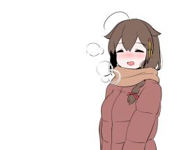 1girl ahoge blush braid breath brown_coat brown_hair brown_scarf closed_eyes coat hair_flaps hair_ornament hair_over_shoulder kantai_collection negative_space nose_blush open_mouth scarf shigure_(kancolle) simple_background single_braid smile solo tamu_(mad_works) white_background winter_clothes