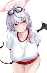 1girl absurdres arms_behind_back blue_archive blush braid breasts buruma crimecrime demon_tail demon_wings eyewear_on_head glasses grin halo haruna_(blue_archive) haruna_(track)_(blue_archive) highres large_breasts long_hair looking_at_viewer red_buruma red_eyes shirt short_sleeves side_braid single_wing smile solo tail thighs white_hair white_shirt wings