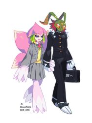 confeito000_333 couple digimon digimon_(creature) digimon_xros_wars fairy flower highres lilamon monster_girl petals plant_girl school_uniform simple_background stingmon walking white_background