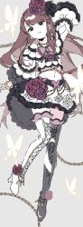 1girl aikatsu! aikatsu!_(series) arm_up black_boots boots brown_hair bug butterfly flower frilled_skirt frilled_sleeves frills full_body ginjiro_(ginjiroxx) high_heel_boots high_heels highres idol_clothes insect long_hair long_sleeves midriff purple_eyes purple_flower purple_rose red_flower red_rose rose shibuki_ran shirt skirt smile solo thigh_boots white_boots white_shirt white_skirt
