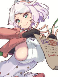 Rule 34 | 1girl, ahoge, aqua eyes, blue eyes, bob cut, bracelet, breasts, clover, collar, dress, elphelt valentine, four-leaf clover, guilty gear, guilty gear strive, hairband, highres, huge ahoge, jacket, jewelry, large breasts, ooiwa (irc14786149), pink collar, pink hairband, pink jacket, short dress, short hair, sideboob, solo, spiked bracelet, spiked collar, spiked hairband, spiked jacket, spikes, two-tone dress, upper body, white hair