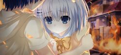 Rule 34 | 1boy, 1girl, aged down, blue eyes, blue hair, bow, bowtie, date a live, date a live: spirit pledge, fiery background, fire, game cg, hair ornament, hairclip, hood, hoodie, house, itsuka shido, official art, shirt, short hair, short sleeves, third-party source, tobiichi origami, white hair