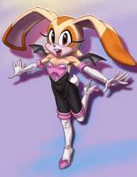 1girl alternate_costume animal_nose bare_shoulders bat_wings black_bodysuit black_wings blush body_fur bodysuit boots brown_eyes cosplay covered_navel cream_the_rabbit elbow_gloves female_focus flat_chest gloves happy heart high_heels highres johnston_blackhorse leg_up long_ears looking_at_viewer mini_wings multicolored_fur open_mouth orange_fur outstretched_arms purple_background rabbit_ears rabbit_girl rabbit_tail rouge_the_bat_(cosplay) short_tail simple_background skin_tight smile solo sonic_(series) spread_fingers standing standing_on_one_leg tail teeth thigh_boots tongue white_boots white_fur white_gloves wings yellow_fur