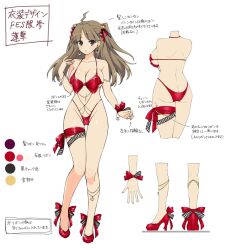 Rule 34 | 1girl, :o, ahoge, anklet, armpit crease, ass, bare shoulders, belly chain, bikini, blunt bangs, blush, bow, bracelet, breasts, brown eyes, brown hair, butt crack, reference sheet, charm (object), checkered bow, checkered clothes, checkered ribbon, cleavage, collarbone, color guide, concept art, dimples of venus, earrings, flower, food, footwear bow, groin, heart, heart-shaped hair, high heels, highleg, highleg bikini, hot chocolate, indoors, jewelry, kneepits, large breasts, leg ribbon, lightning ahoge, linea alba, long hair, looking at viewer, lying, micro bikini, midriff, multiple views, navel, official alternate costume, official art, on side, open mouth, parted bangs, petals, production art, red bikini, red bow, red footwear, renka (senran kagura), revealing clothes, ribbon, ring, senran kagura, senran kagura estival versus, senran kagura new link, shiny skin, shoulder blades, sideboob, simple background, smile, stomach, swimsuit, thigh ribbon, thigh strap, thighs, translation request, turnaround, twintails, underboob, wrist bow, yaegashi nan