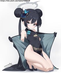 1girl absurdres black_coat black_dress black_gloves black_hair black_shoes blue_archive breasts butterfly_hair_ornament china_dress chinese_clothes closed_mouth coat covered_navel double_bun dragon_print dress full_body gloves grey_eyes grey_halo hair_bun hair_ornament halo high_heels highres kisaki_(blue_archive) loli long_hair looking_at_viewer momobug22 open_clothes open_coat print_dress shoes simple_background sleeveless sleeveless_dress small_breasts solo twintails watermark web_address white_background