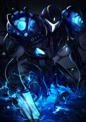 absurdres armor black_armor black_background dark_samus glowing glowing_armor glowing_weapon helmet highres metroid nintendo no_humans solo wading water weapon xuuikie_ashe