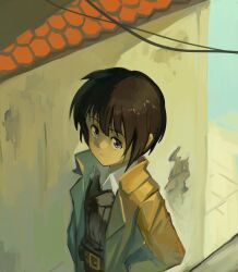 1girl absurdres belt belt_buckle black_hair blue_eyes brown_coat buckle coat cracked_paint from_above highres kino_(kino_no_tabi) kino_no_tabi kornod looking_at_viewer short_hair solo tile_roof upper_body