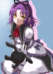 1girl ascot blue_background bow curtained_hair dress eiyuu_densetsu gradient_background hair_bow highres holding holding_stuffed_toy holding_toy looking_at_viewer parted_bangs partially_shaded_face purple_hair renne_(eiyuu_densetsu) runrui_kaku short_hair simple_background sitting solo sora_no_kiseki stuffed_animal stuffed_rabbit stuffed_toy toy yellow_eyes