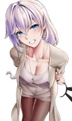 1girl :d absurdres blue_eyes braid braided_ponytail breasts brown_pantyhose cleavage coat grey_coat grey_skirt grin highres holding honkai_(series) honkai_impact_3rd jewelry kallen_kaslana large_breasts long_hair long_sleeves looking_at_viewer necklace open_mouth pantyhose pyeong_il shirt simple_background skirt smile solo teeth white_background white_hair white_shirt