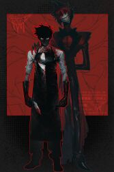 2boys absurdres alastor_(hazbin_hotel) alastor_(human)_(hazbin_hotel) apron black_apron black_gloves blood blood_on_clothes blood_on_face blood_on_hands cane demon_boy dual_persona evil_grin evil_smile film_grain gloves glowing glowing_eyes grin hazbin_hotel heavy_film_grain highres holding horror_(theme) looking_afar looking_at_viewer male_focus multiple_boys qin_gu red_eyes red_hair red_theme scp-3232-1 sharp_teeth smile solo teeth