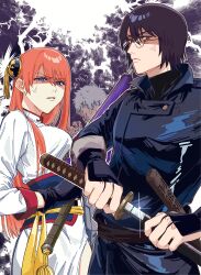 1girl 2boys absurdres aki2259 angry black_hair bun_cover china_dress chinese_clothes closed_umbrella dress gintama glasses hair_bun highres holding holding_sword holding_umbrella holding_weapon japanese_clothes kagura_(gintama) multiple_boys orange_hair purple_umbrella sakata_gintoki shimura_shinpachi sword umbrella weapon white_hair