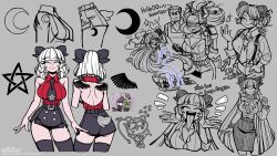 absurdres baphomet_(grizz) black_bow black_gloves black_skirt blush boots bow breasts cameo cleavage closed_eyes concept_art crescent crescent_moon demon_girl demon_tail dynamic_pose frog from_side gloves grizz helltaker helltaker_(character) high_heel_boots high_heels highres horns justice_(helltaker) lineart long_tongue moon multiple_expressions official_art open_mouth original reference_sheet skirt speech_bubble sunglasses tail tongue tongue_out vanripper_(style) white_hair wings