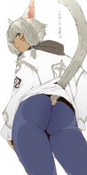 Rule 34 | 1girl, animal ears, ass, breasts, cat ears, cat tail, dark-skinned female, dark skin, ettone, facial mark, final fantasy, final fantasy xiv, green eyes, grey hair, highres, looking at viewer, miqo&#039;te, neck tattoo, pants, solo, square enix, tail, tattoo, whisker markings, y&#039;shtola rhul