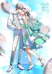1boy 1girl absurdres balloon black_hairband caelus_(honkai:_star_rail) cloud cloudy_sky collar commission dress english_text firefly_(honkai:_star_rail) flower frilled_dress frilled_sleeves frills gift gradient_hair grey_hair hair_between_eyes hair_flower hair_intakes hair_ornament hair_ribbon hairband hands_on_another&#039;s_shoulders heart_balloon hetero highres honkai:_star_rail honkai_(series) long_hair long_sleeves maiidkart multicolored_eyes multicolored_hair ribbon see-through_clothes see-through_sleeves short_hair sky sparkle star_(symbol) trailblazer_(honkai:_star_rail) waist_ribbon wedding white_collar white_sleeves yellow_eyes