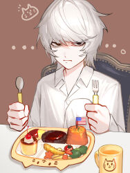 ... 1boy absurdres black_eyes closed_mouth collared_shirt death_note empty_eyes food grey_hair hair_between_eyes highres looking_at_viewer male_focus n_a994014 near_(death_note) shirt short_hair sitting solo upper_body white_shirt