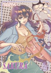 Rule 34 | 1girl, blue jacket, blunt bangs, breasts, brown hair, character name, cleavage, commentary request, copo000, eyelashes, highres, holding, jacket, jewelry, long hair, looking at viewer, necklace, open mouth, purple nails, sakura (urusei yatsura), sidelocks, solo, tank top, urusei yatsura