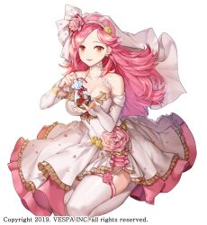 1girl bag breasts bridal_veil bride cleavage commentary cookie dress dress_flower flower food full_body garter_straps hair_flower hair_ornament headband holding holding_bag holding_cookie holding_food hwansang_jungdog juno_(king&#039;s_raid) king&#039;s_raid kneeling large_breasts layered_dress long_hair looking_at_viewer official_alternate_costume official_art orange_eyes petticoat pink_dress pink_flower pink_hair red_ribbon ribbon see-through_clothes see-through_veil smile solo thighhighs veil very_long_hair wedding_dress white_dress white_headband white_thighhighs white_veil yellow_flower