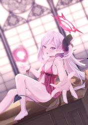 1girl absurdres ass bare_shoulders barefoot black_choker blue_archive breasts choker demon_tail dress fang feet flower hair_flower hair_ornament halo highres indoors loli long_hair looking_at_viewer mutsuki_(blue_archive) navel negitail31 nightgown no_panties offering_hand open_mouth pointy_ears red_dress red_eyes red_halo red_nightgown side_ponytail sitting small_breasts solo tail thighs toes white_hair