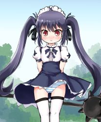 :&lt; arms_behind_back black_hair black_skirt blush highres kooh_(pangya) loli long_hair mace maid_headdress outdoors p-hone pangya panties pantyshot red_eyes ribbon shirt skirt solo spiked_mace spikes striped_clothes striped_panties thigh_gap thighhighs twintails underwear weapon white_shirt white_thighhighs wind wind_lift