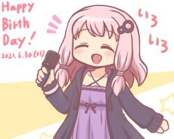 1girl :d ^_^ bad_id bad_twitter_id black_jacket blush closed_eyes collarbone cosplay criss-cross_halter dated dress facing_viewer hair_ornament halterneck happy_birthday holding holding_microphone hood hood_down hooded_jacket jacket long_hair long_sleeves magia_record:_mahou_shoujo_madoka_magica_gaiden mahou_shoujo_madoka_magica microphone open_clothes open_jacket open_mouth pink_hair purple_dress reverse_(bluefencer) sleeves_past_wrists smile solo star_(symbol) tamaki_ui two-tone_background white_background yuzuki_yukari yuzuki_yukari_(cosplay)