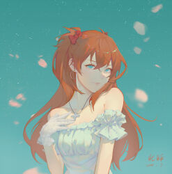Rule 34 | 1girl, absurdres, arm at side, armpit crease, artist name, blue eyes, blue sky, bow, breasts, closed mouth, collarbone, commentary request, cross, cross necklace, crossed bangs, dated, day, detached sleeves, double-parted bangs, dress, earrings, falling petals, frilled dress, frilled sleeves, frills, gloves, hair between eyes, hair bow, hair over shoulder, hand on own chest, hand up, highres, hoop earrings, jewelry, lace, lace gloves, light smile, long bangs, long hair, looking at viewer, medium breasts, miren de du nan, necklace, neon genesis evangelion, outdoors, petals, red bow, red hair, shadow, short sleeves, sky, solo, souryuu asuka langley, standing, straight hair, strapless, strapless dress, sunlight, turning head, two side up, upper body, white dress, white gloves