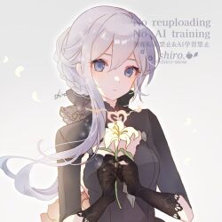 1girl black_gloves black_shirt blue_eyes bow braid closed_mouth cropped_jacket flower gloves hair_bow hair_bun holding holding_flower lace lace_gloves lily_(flower) looking_at_viewer red_flower red_rose rose shiro_snow shirt simple_background single_hair_bun single_sidelock sinoalice snow_white_(sinoalice) solo watermark white_background white_petals