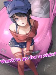 1girl absurdres animal_ear_headwear black_hair blue_eyes blue_gloves blue_hair blue_hat blue_skirt breasts car commentary cool_mita_(miside) cropped english_text eunos_roadster fake_animal_ears from_above gloves hat highres keyokku large_breasts long_hair long_sleeves looking_at_viewer mark_under_eye mazda miniskirt miside mita_(miside) motor_vehicle newsboy_cap outdoors pink_car pleated_skirt red_shirt red_sweater red_thighhighs road shirt sidelocks signature single_bare_shoulder sitting skirt smile solo sports_car sweater swept_bangs tattoo teardrop_facial_mark teardrop_tattoo thighhighs thighs zettai_ryouiki