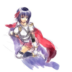 1girl armor armored_boots black_thighhighs boobplate boots breastplate cape commentary_request full_body looking_afar looking_to_the_side lord_knight_(ragnarok_online) miniskirt open_mouth pauldrons pink_skirt purple_hair ragnarok_online red_cape short_hair shoulder_armor simple_background sitting sketch skirt solo thighhighs wariza white_background yukimushi