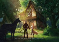 1boy 1girl absurdres animal_ears artist_request cart commentary copyright_name couple craft_lawrence english_commentary english_text forest from_behind grin highres holding_hands holo horse house ivy light_rays long_hair looking_back nature official_art orange_hair silver_hair smile spice_and_wolf sunbeam sunlight tail tree wolf_ears wolf_tail