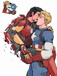 Rule 34 | 2boys, arc reactor, armor, avengers (series), belt, black belt, black hair, blonde hair, blue bodysuit, bodysuit, captain america, carrying, carrying person, closed eyes, collared shirt, commentary, cowboy shot, english commentary, facial hair, fingernails, formal clothes, french kiss, gloves, grey jacket, grey pants, hand on another&#039;s head, hand up, helmet, highres, iron man, jacket, kiss, lapels, long sleeves, male focus, marvel, meme, multicolored armor, multiple boys, multiple views, muscular, muscular male, open clothes, open jacket, pants, pocket, red armor, red gloves, red shirt, shield, shield on back, shirt, short hair, simple background, standing, star (symbol), star print, steve rogers, suit, suit jacket, superhero costume, tony stark, upper body, vertical-striped bodysuit, weibo 7899261198, white background, yaoi, yellow armor, yoshi and toad kissing (meme)