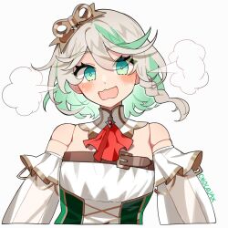 Rule 34 | 1girl, artist name, blush, braid, cecilia immergreen, cecilia immergreen (1st costume), chocojax, colored inner hair, detached collar, detached sleeves, diamond-shaped pupils, diamond (shape), doll joints, green eyes, green hair, grey hair, hololive, hololive english, joints, multicolored hair, side braid, steam from ears, symbol-shaped pupils, virtual youtuber, wavy mouth, white background, winding key