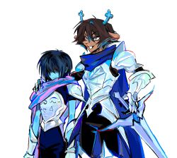 1girl 1other animal_ears armor blue_eyes blue_hair blue_horns blue_skin breastplate brown_hair cape colored_skin cowboy_shot december_holiday deer_ears deer_girl deltarune design_speculation furry furry_female gauntlets hand_on_another&#039;s_shoulder highres holding holding_sword holding_weapon horns jopopnam00 kris_(dark_world)_(deltarune) kris_(deltarune) pauldrons pink_cape short_hair shoulder_armor simple_background smile standing sword utdr_(toby_fox) weapon white_background