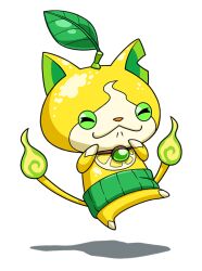 Rule 34 | cat, closed eyes, colored skin, fire, flame-tipped tail, green fire, haramaki, hitodama, leaf, lemonyan, multiple tails, no humans, notched ear, official art, shadow, simple background, solo, tail, third-party source, transparent background, yellow skin, youkai (youkai watch), youkai watch